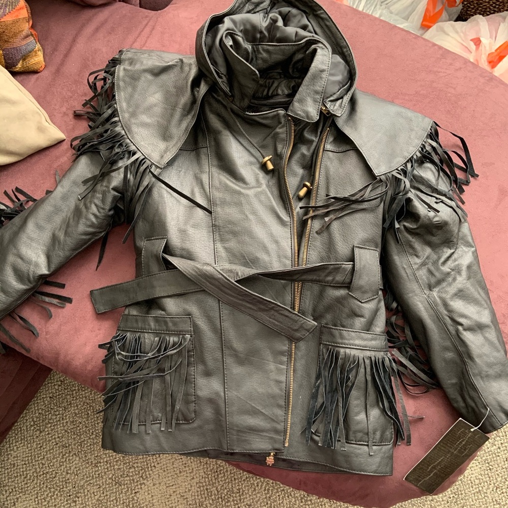 Leather jacket with fringe
